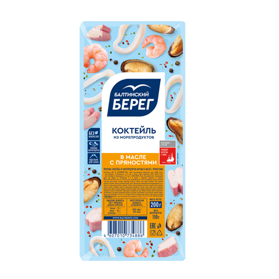Коктейль БАЛТИЙСКИЙ БЕРЕГ из морепродуктов в масле с пряностями 200гр